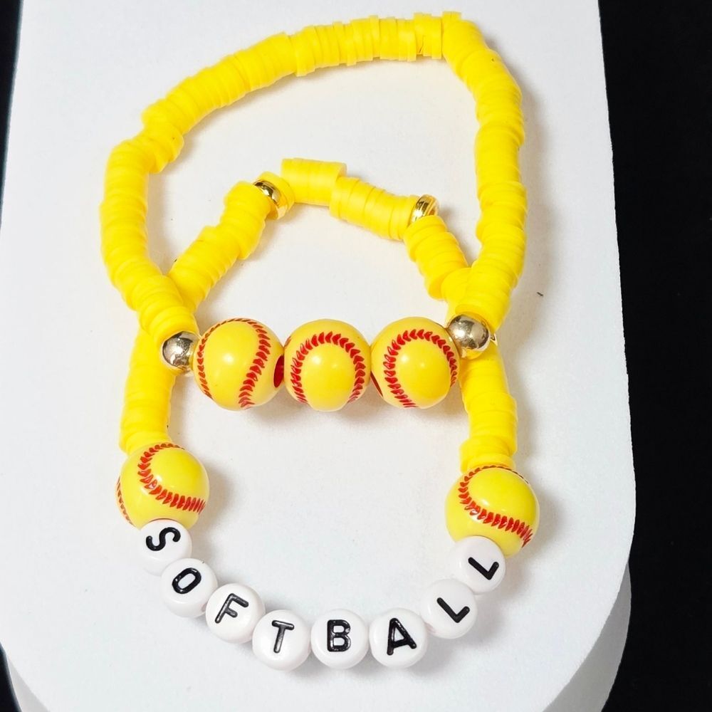 Softball Heishi Charm Bracelet Stack Set of 2 Team Spirit Yellow Red Sports Fan